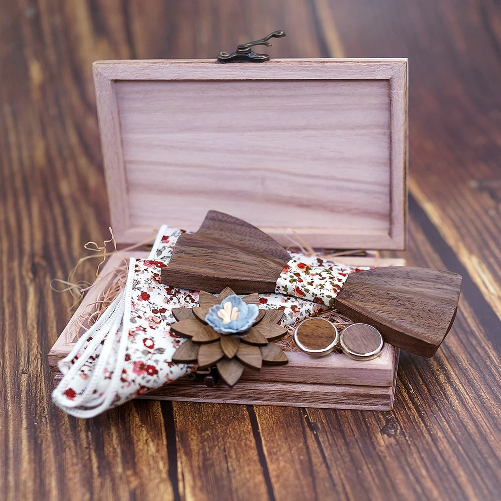 3d Wooden Bow Ties for Men men's tie Wood Bowtie Handmade Butterfly Black Walnut Wood Bow Tie Gravata gift Cufflink handkerchief
