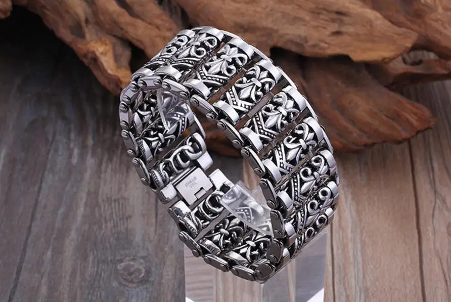 Bracelets For Men's Boy's Fashion Chain Jewelry, 316L Stainless Steel Rock Punk Motorbiker cross flower Bracelet and Bangle