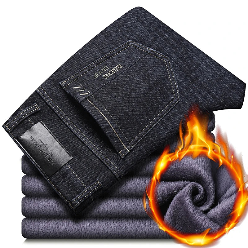 2024 New Jeans Brand Autumn Winter Jeans Warm Flocking Warm Soft Men Activities Warm Fleece Men Jeans Black Blue  Colors