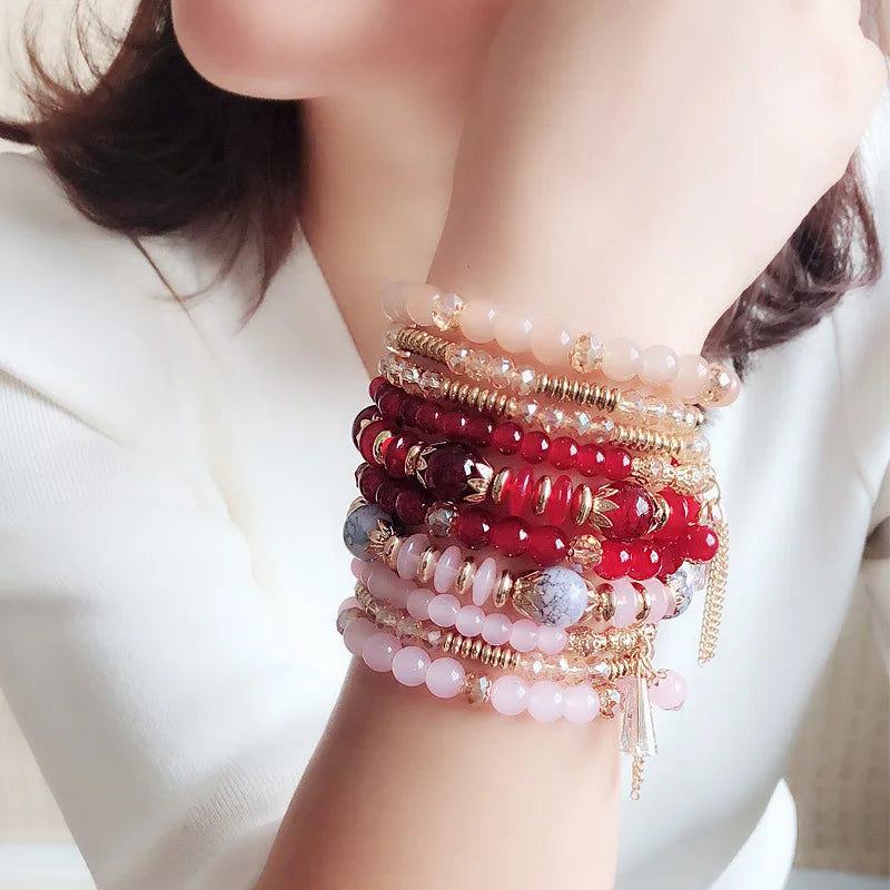 Bohemian 4pcs Crystal Multi-layer Beaded Bracelet for Women Sweet Girls Colorful Round Shape Jewelry Friendship Wholesale Gifts