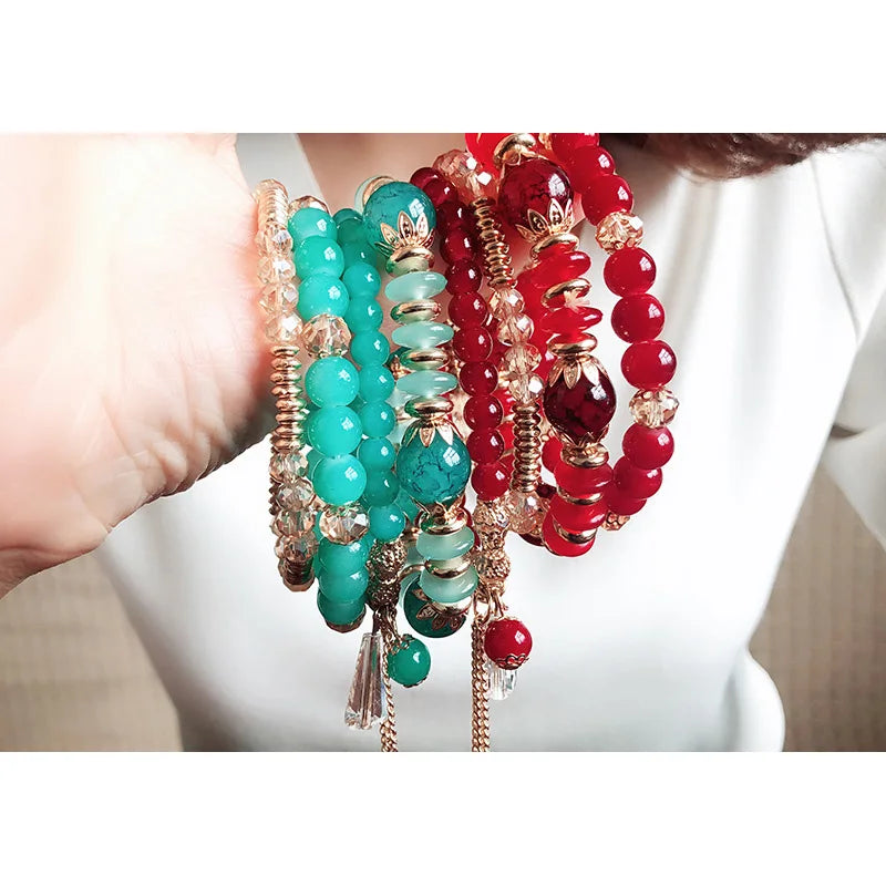 Bohemian 4pcs Crystal Multi-layer Beaded Bracelet for Women Sweet Girls Colorful Round Shape Jewelry Friendship Wholesale Gifts