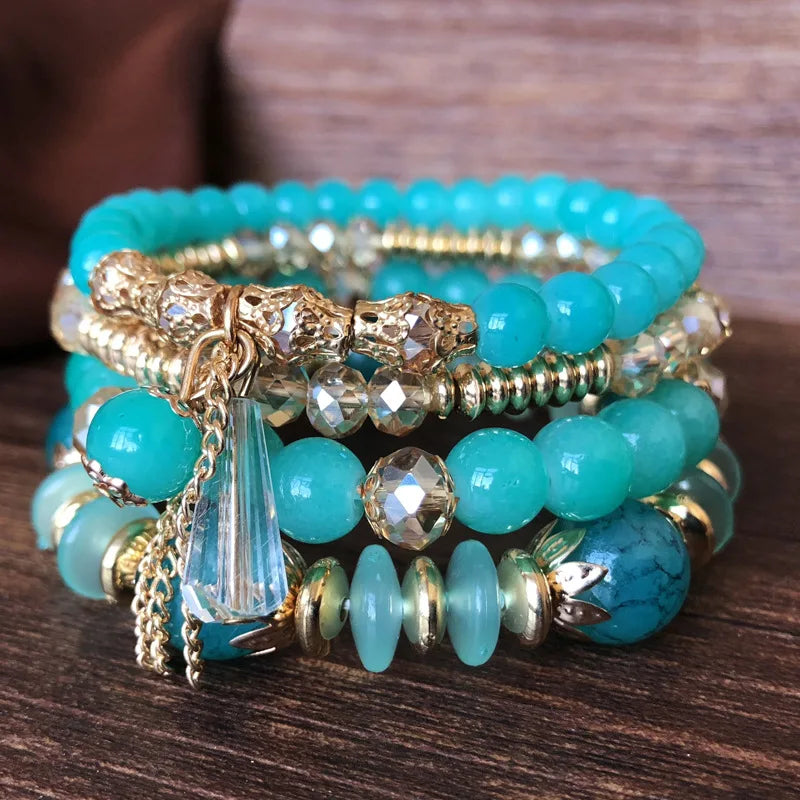 Bohemian 4pcs Crystal Multi-layer Beaded Bracelet for Women Sweet Girls Colorful Round Shape Jewelry Friendship Wholesale Gifts
