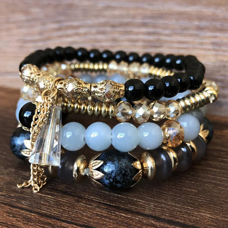 Bohemian 4pcs Crystal Multi-layer Beaded Bracelet for Women Sweet Girls Colorful Round Shape Jewelry Friendship Wholesale Gifts