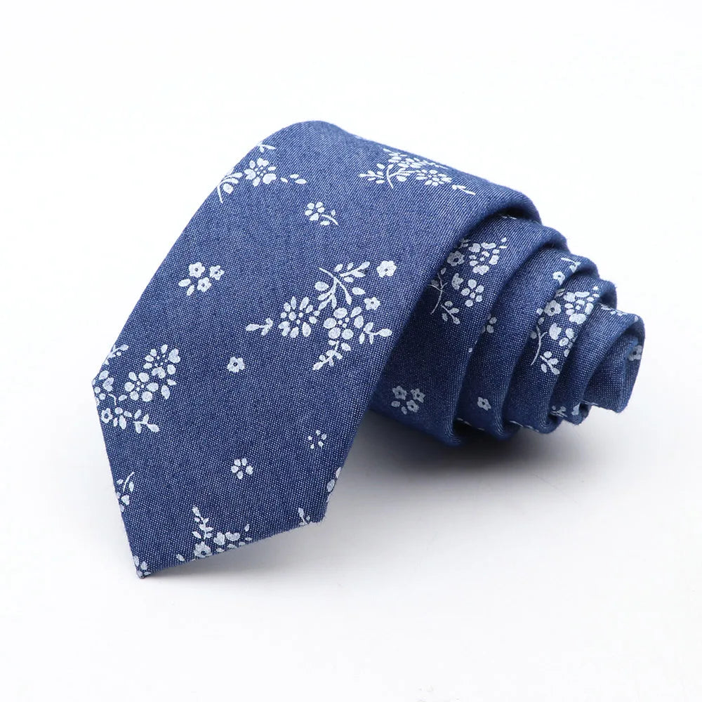 New Ties For Men Skinny Denim Blue Floral Leaf Print Neck Tie For Wedding Business Casual Neckties Suits Slim Neck Ties Gravatas