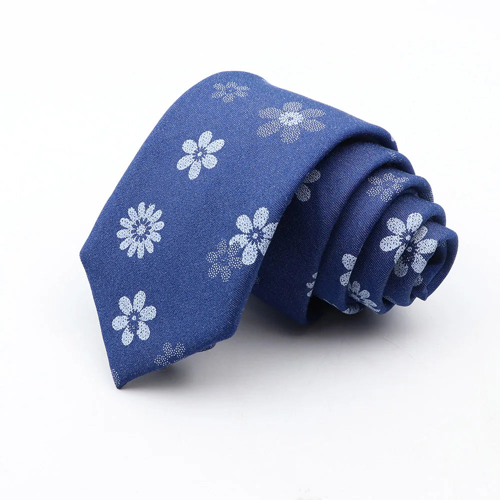 New Ties For Men Skinny Denim Blue Floral Leaf Print Neck Tie For Wedding Business Casual Neckties Suits Slim Neck Ties Gravatas