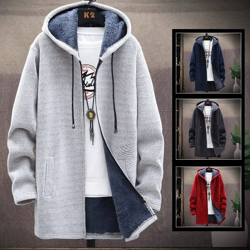 Mens Long Knit Cardigan Autumn Winter Sweater Coat Fleece Heavy Hooded Trench Coat Solid Chenille Men's Fashion Jacket