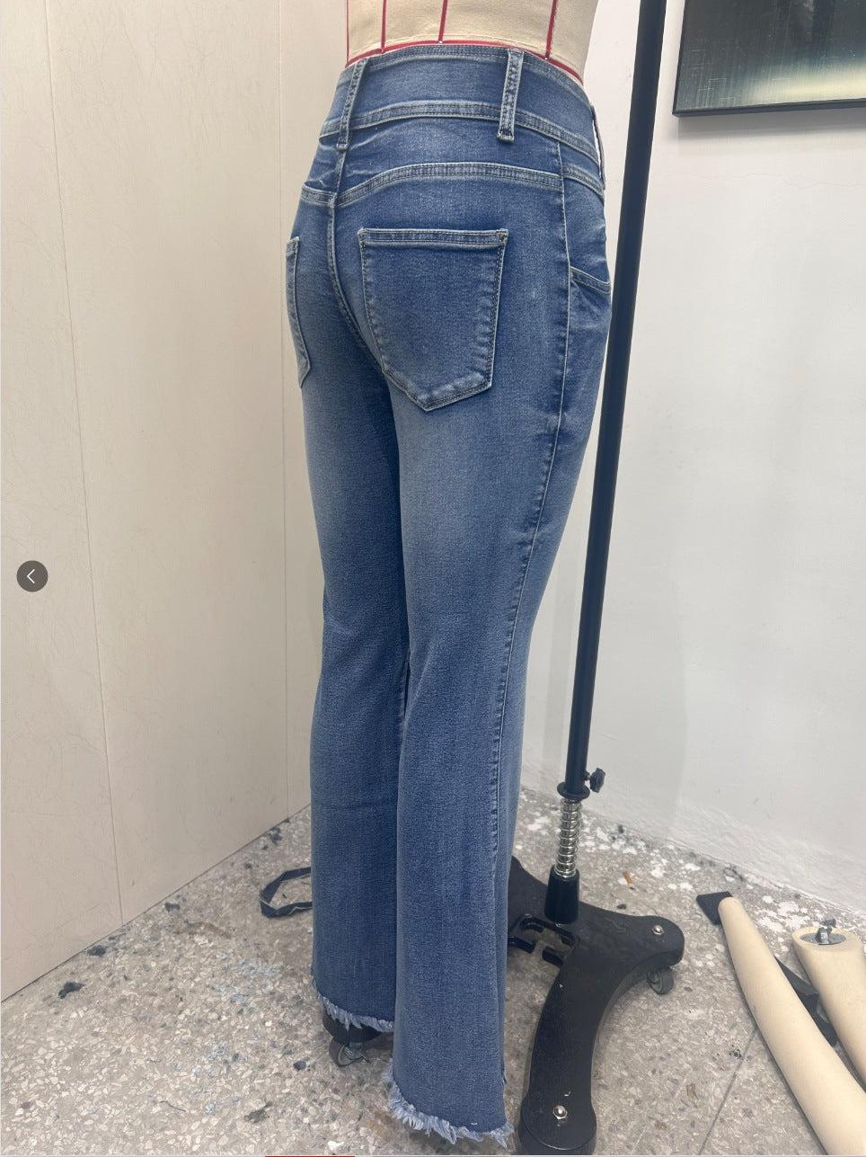 Cross-Border, Women's Bootcut Jeans, Stretchy Raw Edge Hip-Raising High-Waist Slimming Raw Edge Horseshoe Pants, Double-Breasted Cotton