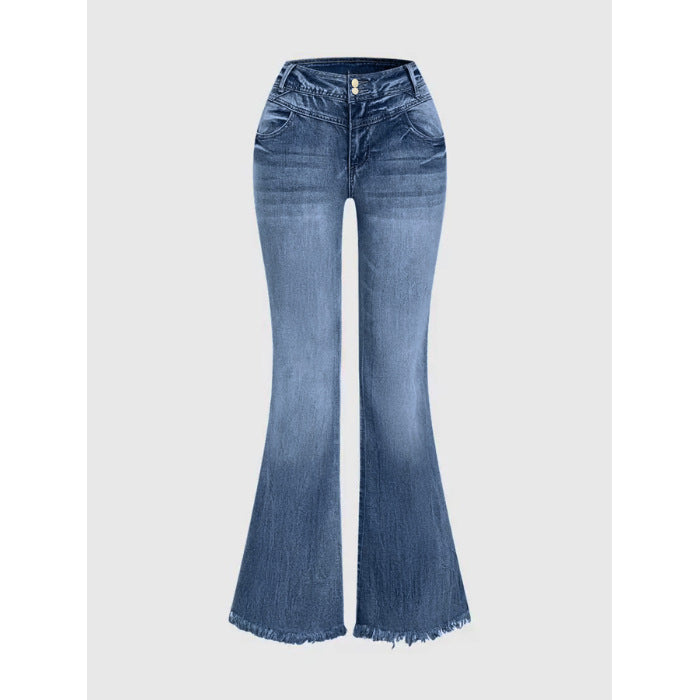 Cross-Border, Women's Bootcut Jeans, Stretchy Raw Edge Hip-Raising High-Waist Slimming Raw Edge Horseshoe Pants, Double-Breasted Cotton