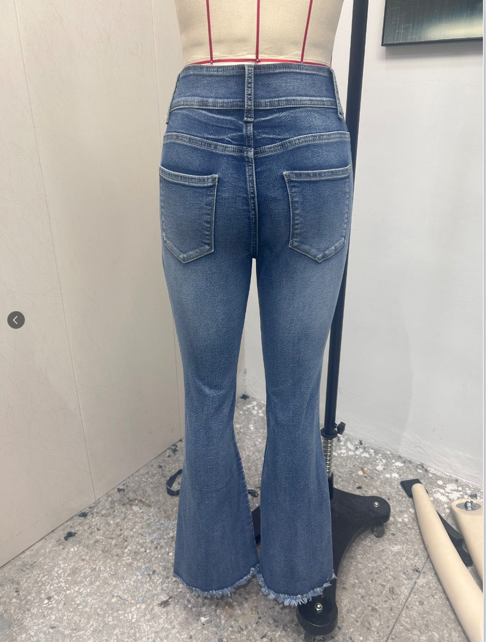 Cross-Border, Women's Bootcut Jeans, Stretchy Raw Edge Hip-Raising High-Waist Slimming Raw Edge Horseshoe Pants, Double-Breasted Cotton