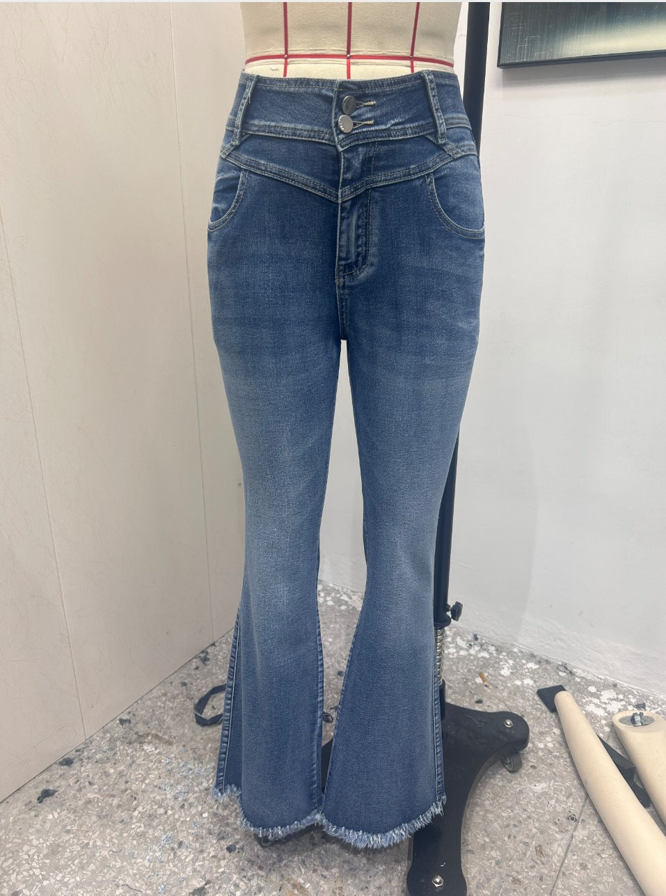 Cross-Border, Women's Bootcut Jeans, Stretchy Raw Edge Hip-Raising High-Waist Slimming Raw Edge Horseshoe Pants, Double-Breasted Cotton
