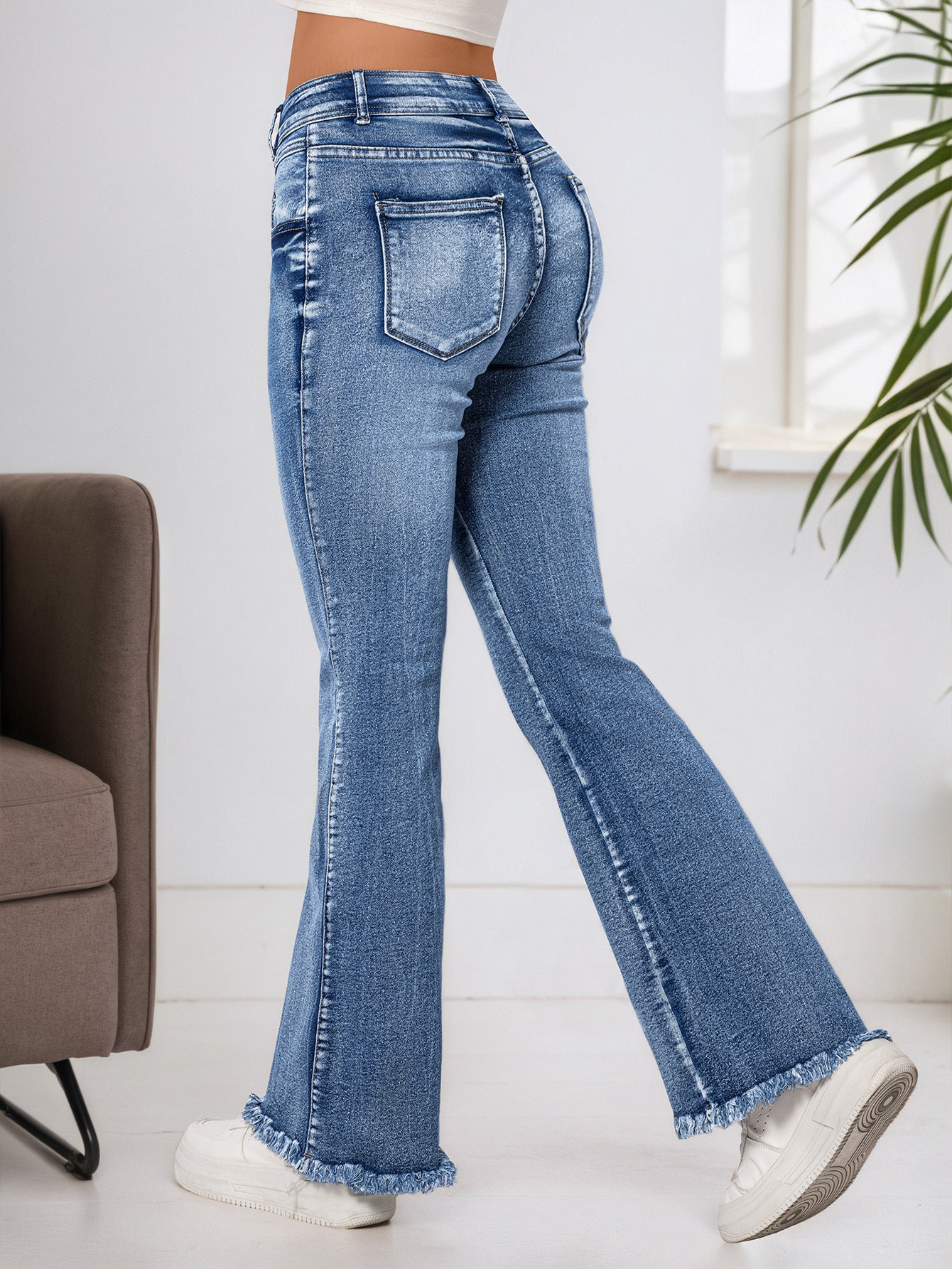 Cross-Border, Women's Bootcut Jeans, Stretchy Raw Edge Hip-Raising High-Waist Slimming Raw Edge Horseshoe Pants, Double-Breasted Cotton