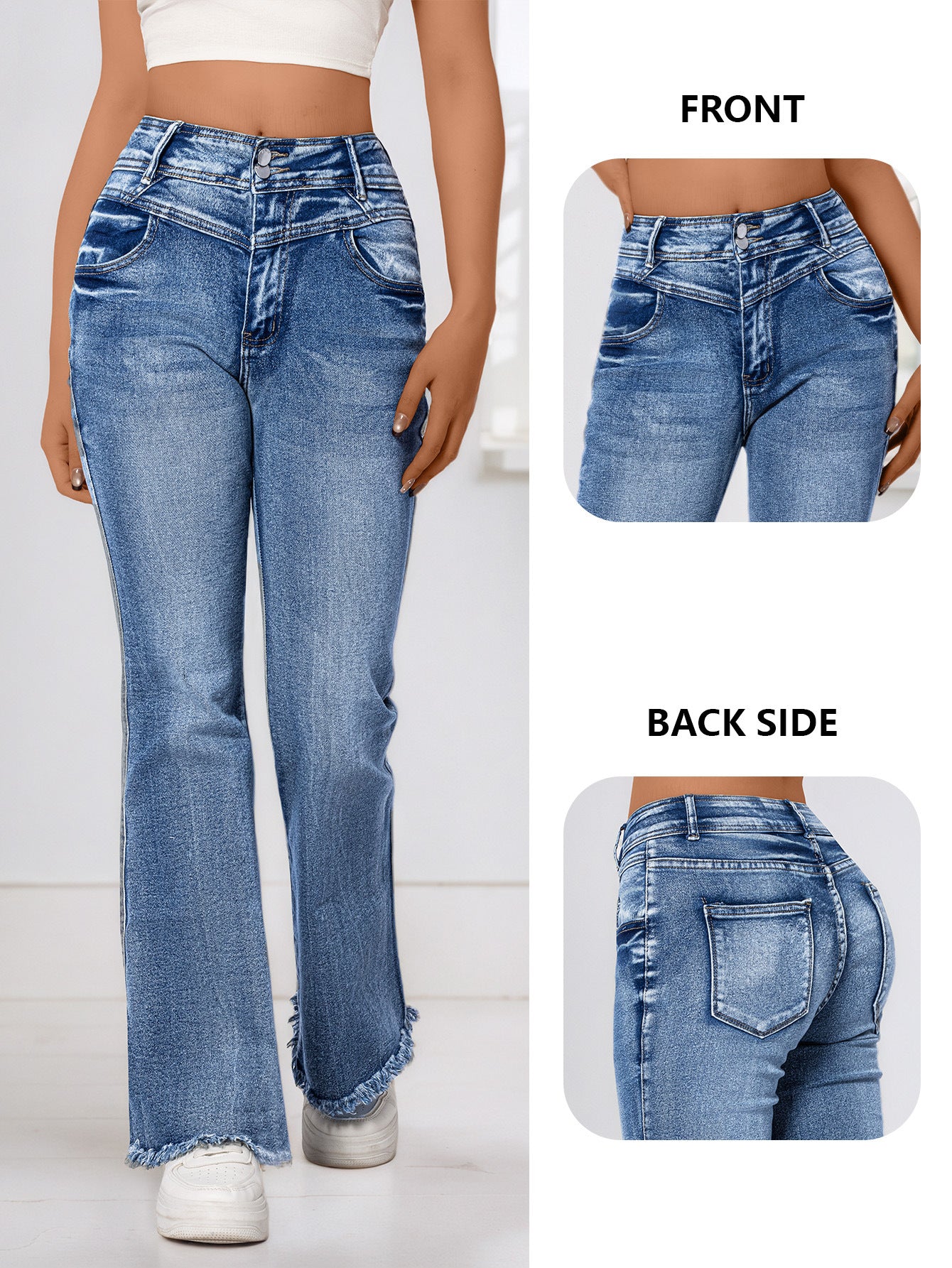 Cross-Border, Women's Bootcut Jeans, Stretchy Raw Edge Hip-Raising High-Waist Slimming Raw Edge Horseshoe Pants, Double-Breasted Cotton