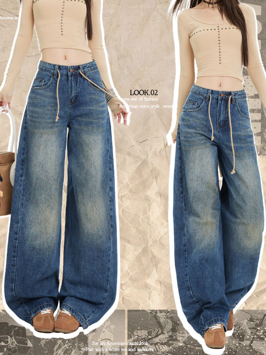 2025 Latest Retro American Washed Drawstring, Unusual Cut, Loose Structure, Natural Scimitar Wide-Leg Pants