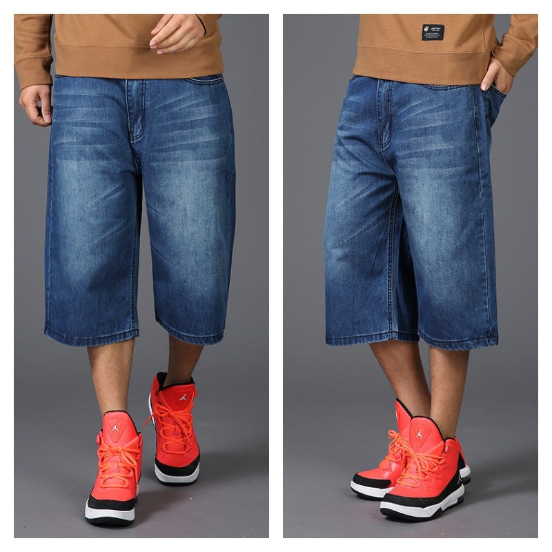 Men's Summer New Plus Fat plus size Hip-hop Wide-leg Cropped Jeans Men's Fat Skateboard Straight Thin Medium Pants