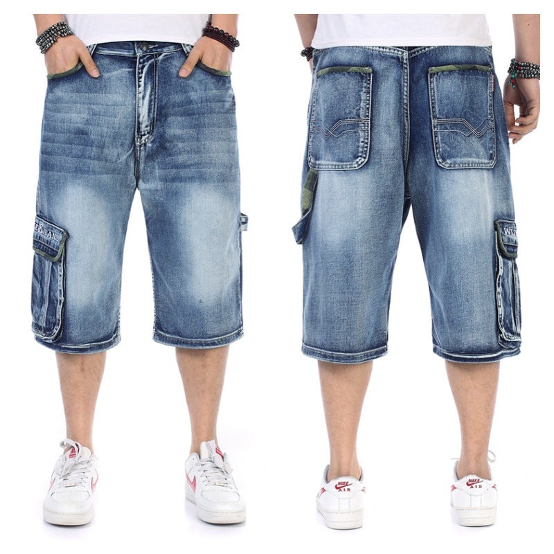 Summer New plus size Jeans Plus Fat Loose Cropped Pants Men's Multi-Pocket plus size Street Dance Shorts