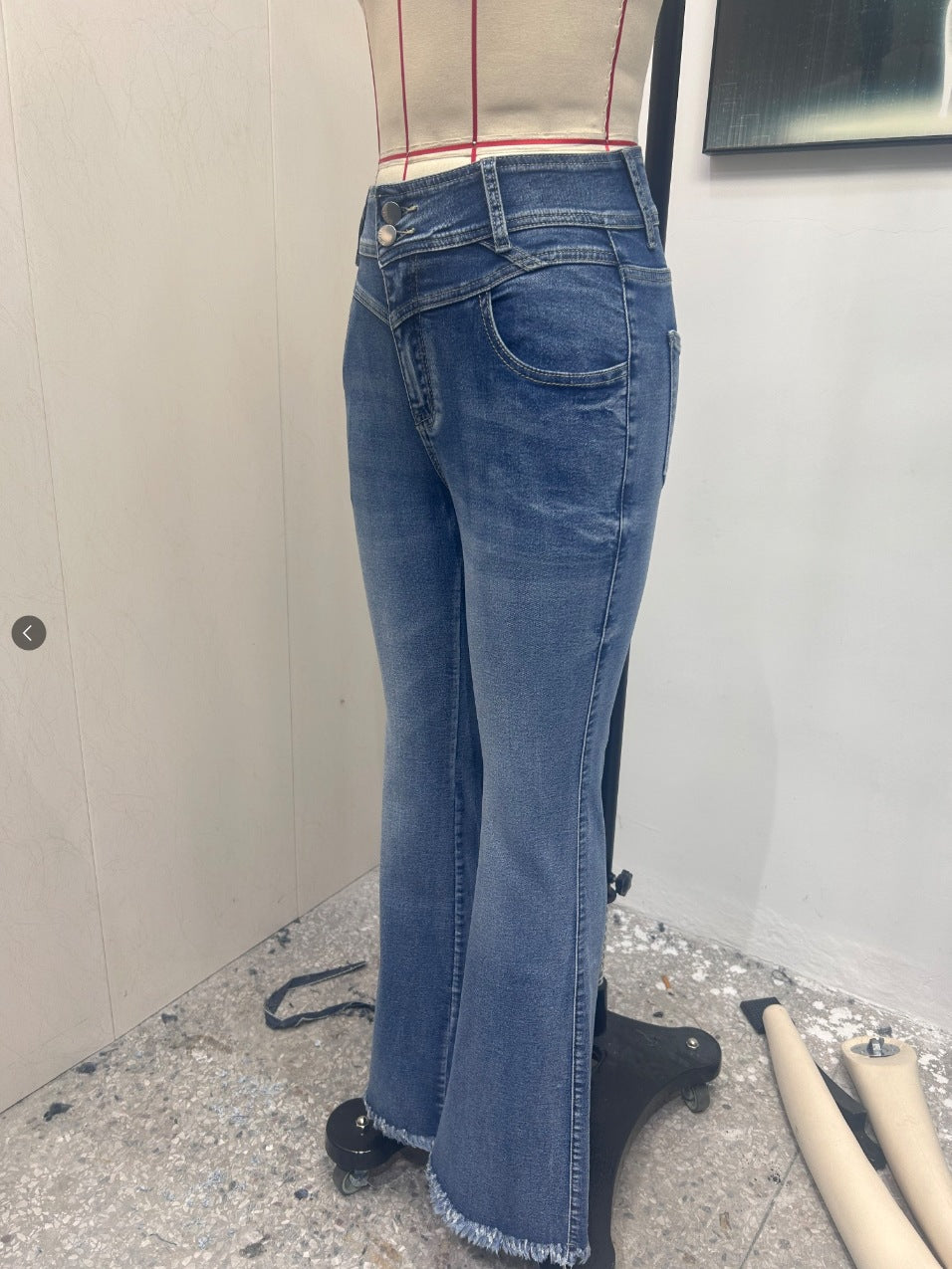 Cross-Border, Women's Bootcut Jeans, Stretchy Raw Edge Hip-Raising High-Waist Slimming Raw Edge Horseshoe Pants, Double-Breasted Cotton