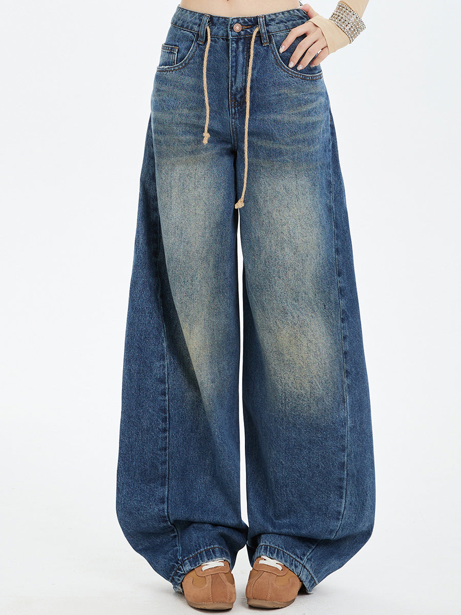 2025 Latest Retro American Washed Drawstring, Unusual Cut, Loose Structure, Natural Scimitar Wide-Leg Pants