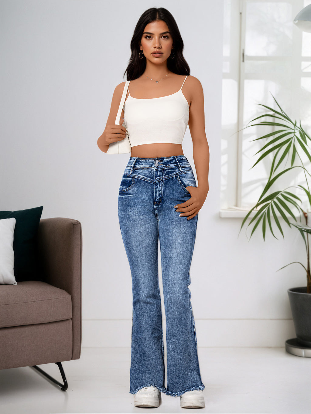 Cross-Border, Women's Bootcut Jeans, Stretchy Raw Edge Hip-Raising High-Waist Slimming Raw Edge Horseshoe Pants, Double-Breasted Cotton