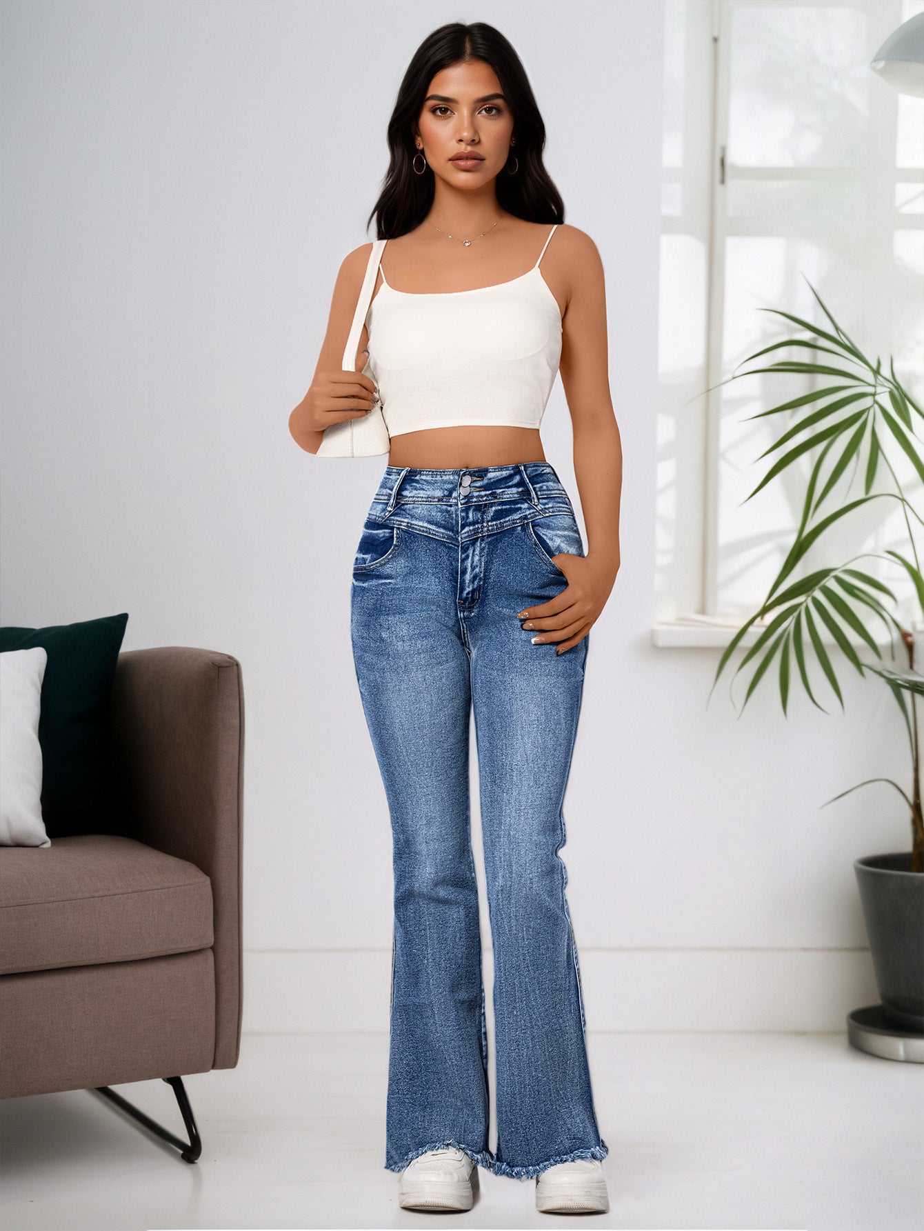 Cross-Border, Women's Bootcut Jeans, Stretchy Raw Edge Hip-Raising High-Waist Slimming Raw Edge Horseshoe Pants, Double-Breasted Cotton