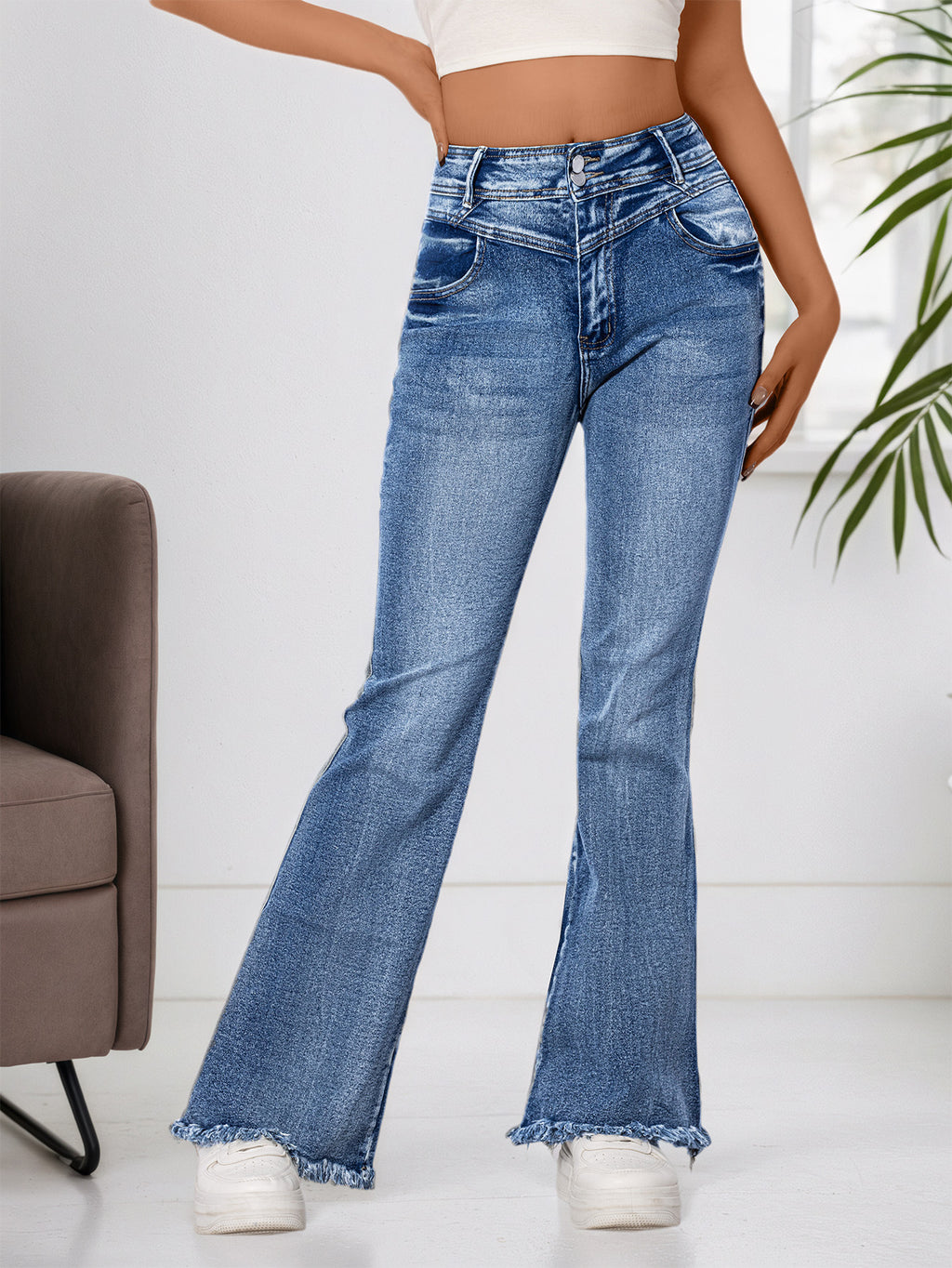 Cross-Border, Women's Bootcut Jeans, Stretchy Raw Edge Hip-Raising High-Waist Slimming Raw Edge Horseshoe Pants, Double-Breasted Cotton