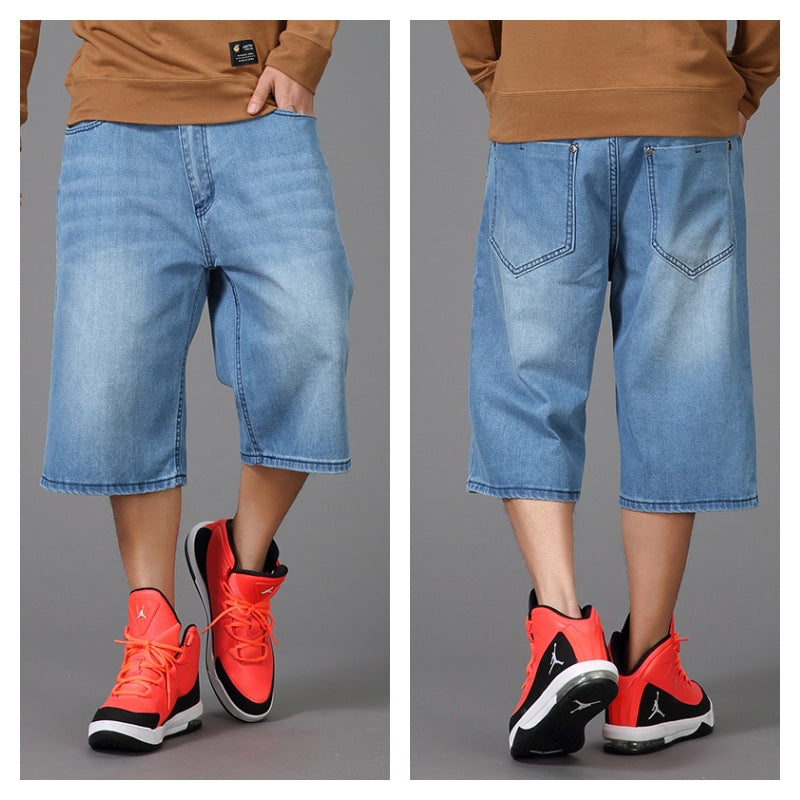 Men's Summer New Plus Fat plus size Hip-hop Wide-leg Cropped Jeans Men's Fat Skateboard Straight Thin Medium Pants