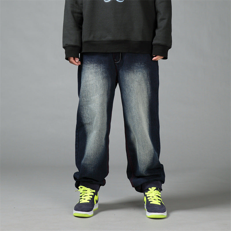 Deep Color Hip-hop Skateboard Pants Spring and Autumn New Arrival Washed Denim Pants Men's plus size Fat Man Loose Long Pants