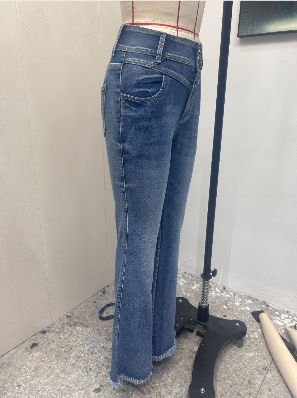 Cross-Border, Women's Bootcut Jeans, Stretchy Raw Edge Hip-Raising High-Waist Slimming Raw Edge Horseshoe Pants, Double-Breasted Cotton