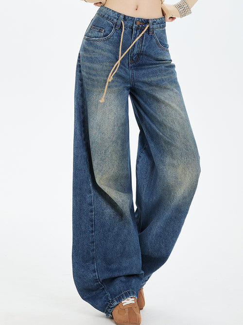 2025 Latest Retro American Washed Drawstring, Unusual Cut, Loose Structure, Natural Scimitar Wide-Leg Pants
