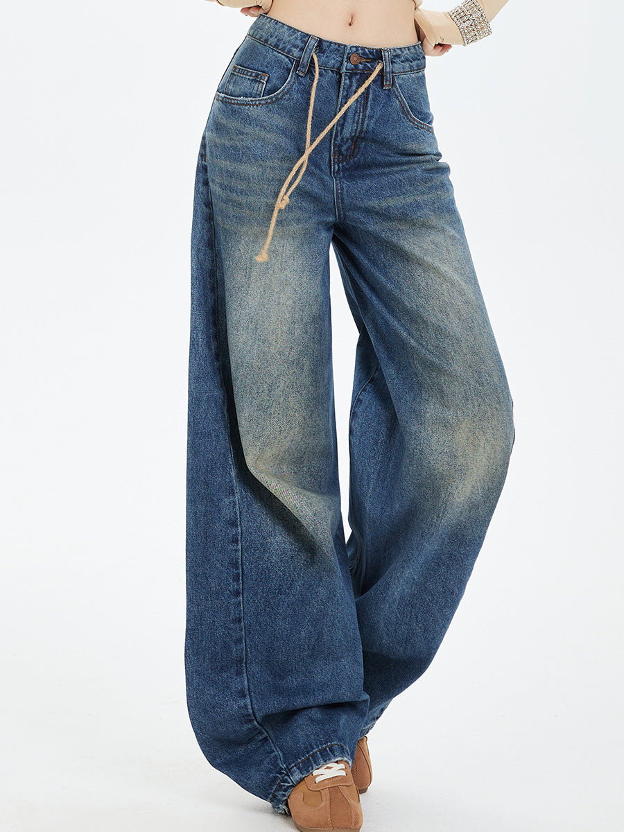 2025 Latest Retro American Washed Drawstring, Unusual Cut, Loose Structure, Natural Scimitar Wide-Leg Pants
