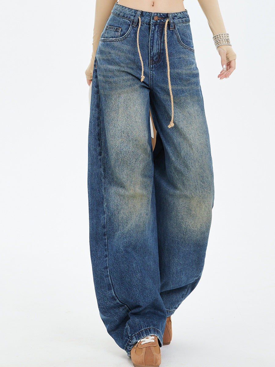 2025 Latest Retro American Washed Drawstring, Unusual Cut, Loose Structure, Natural Scimitar Wide-Leg Pants