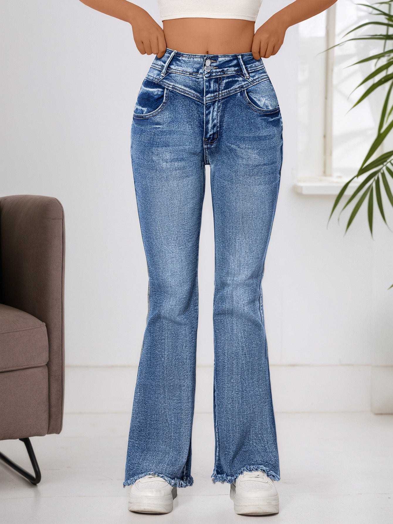Cross-Border, Women's Bootcut Jeans, Stretchy Raw Edge Hip-Raising High-Waist Slimming Raw Edge Horseshoe Pants, Double-Breasted Cotton
