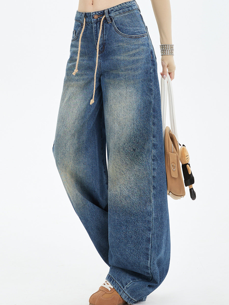 2025 Latest Retro American Washed Drawstring, Unusual Cut, Loose Structure, Natural Scimitar Wide-Leg Pants
