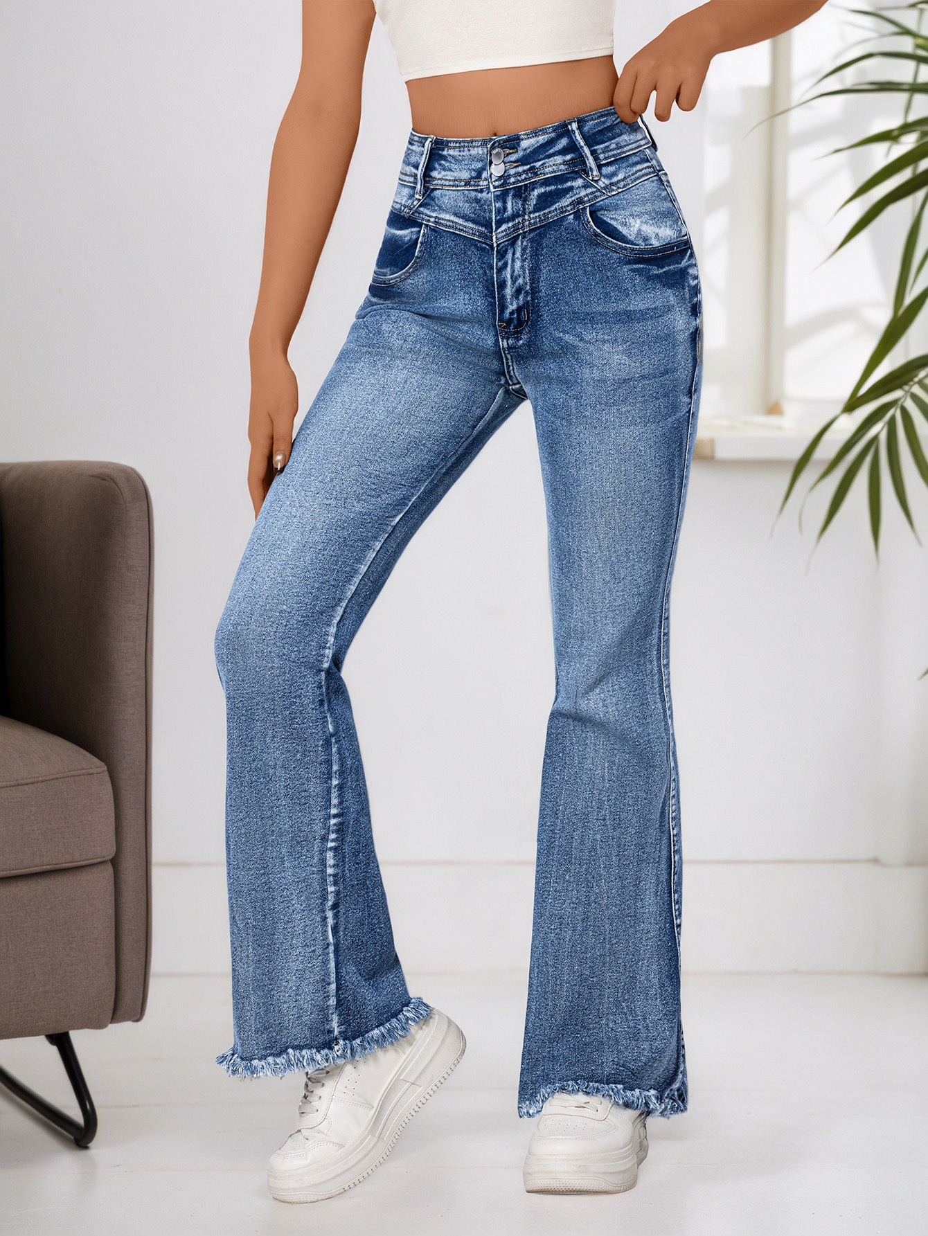 Cross-Border, Women's Bootcut Jeans, Stretchy Raw Edge Hip-Raising High-Waist Slimming Raw Edge Horseshoe Pants, Double-Breasted Cotton