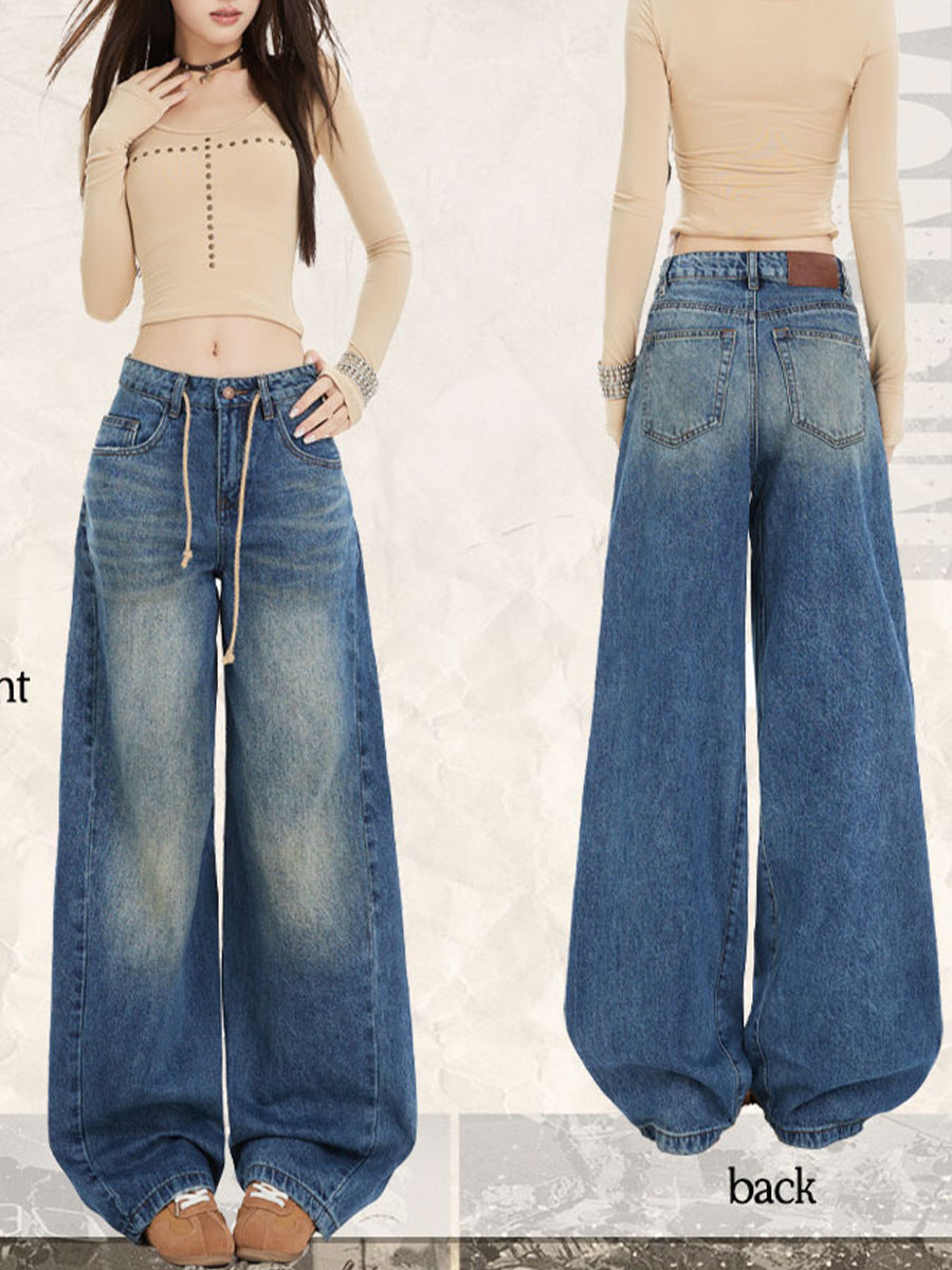 2025 Latest Retro American Washed Drawstring, Unusual Cut, Loose Structure, Natural Scimitar Wide-Leg Pants
