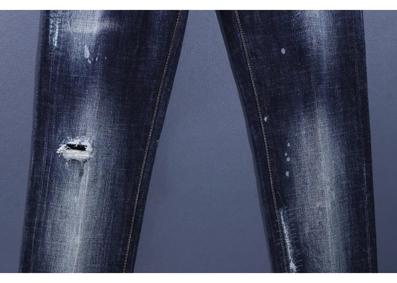 Fashionable men's deep blue jeans with scratches, washed water, nostalgic stretch, slim fit, painted jeans, designer high street