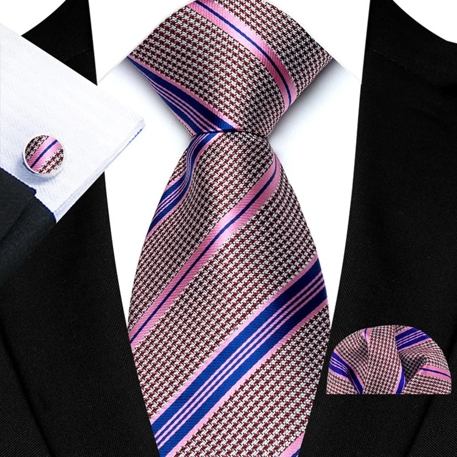 Mens Tie Set Stripes Necktie and Pocket Square Cufflinks Tie Clip Classic Formal Neck Ties for Men Wedding Business Party