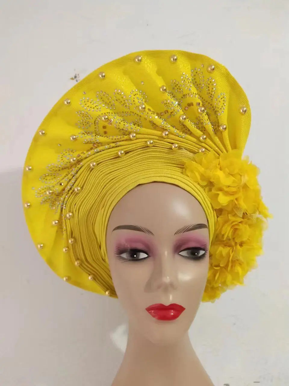 Hot Sale Nigerian Gele Headtie Aso Oke Gele Already Made Auto Gele Aso Turban Women Headwrap Nigerian Hairtie Femme Hats 1Set