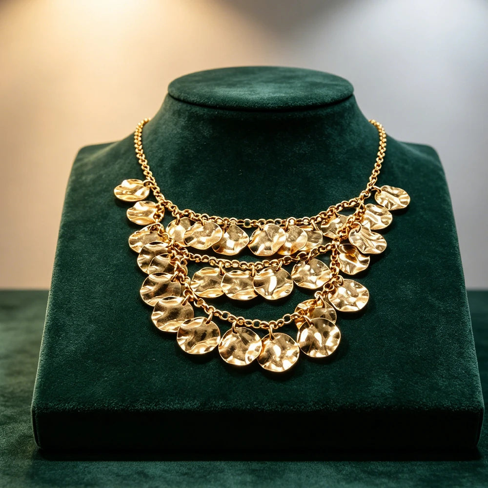 Elegant Multi Layer Hammered Disc Bib Necklace Gold Tone Statement Accessory for Women's Special Occasion Styling