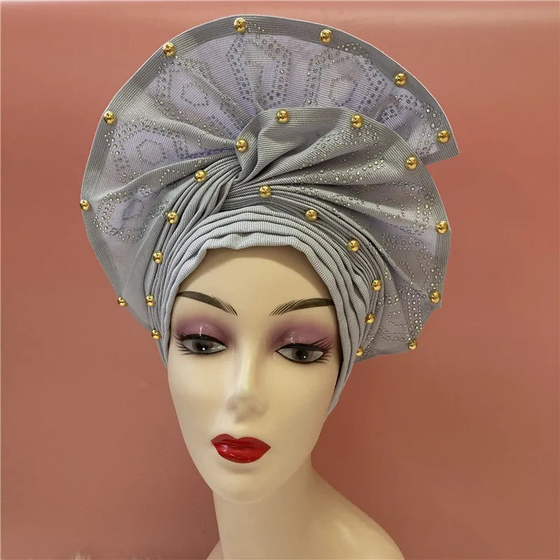 High Quality African Nigeria Gele Elegant Helmet With Stones Headband Turban Head Scarf Head-Hat Auto Gele Brand New Hats 7L5191
