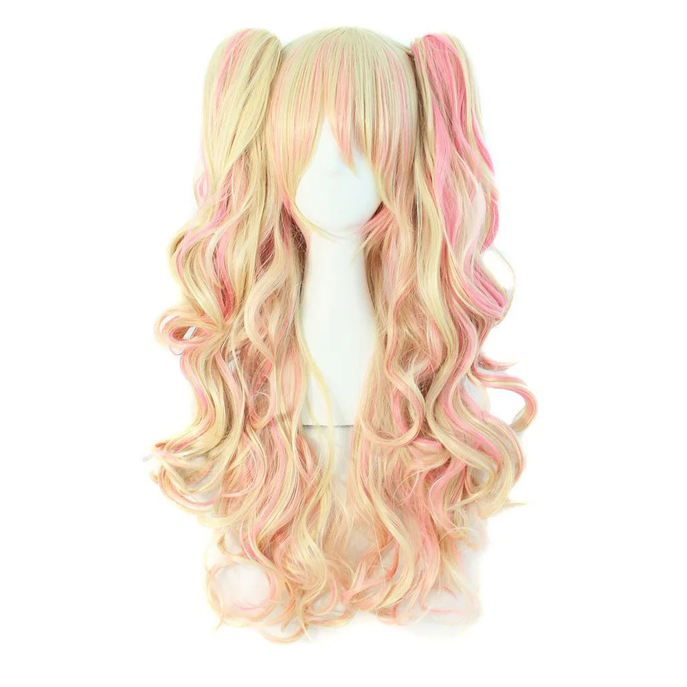 Long Synthetic Hair Wig with Bangs Cosplay Wavy Costume for Women Two Claw Clip Ponytail Available in Pink Red Blue Black White