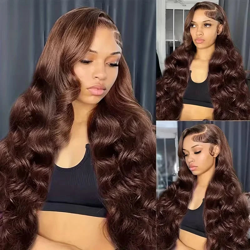 46 Inch Chocolate Brown Lace Frontal Human Hair Wig 250 Density Pre Plucked Brown Hair Wig 5X5 HD Body Wave Lace Front Wig Human