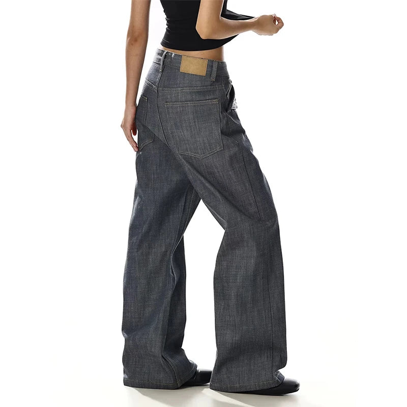 Summer Streetwear Vintage Loose Wide Leg Casual Pants Straight Cut Versatile Original Cow Denim Jeans Low Waist Embroidered