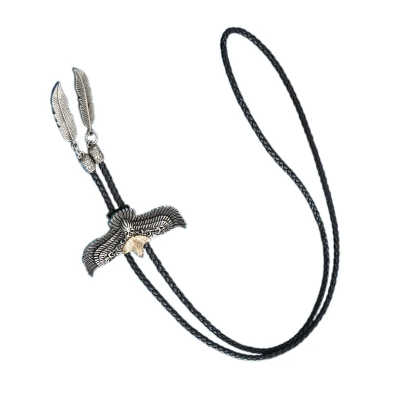 Mens Women Bolo Tie Cowboy Necktie Leather Rope Necklace with Metal Flying Feathered Pendant Jewelry Shirt Chain