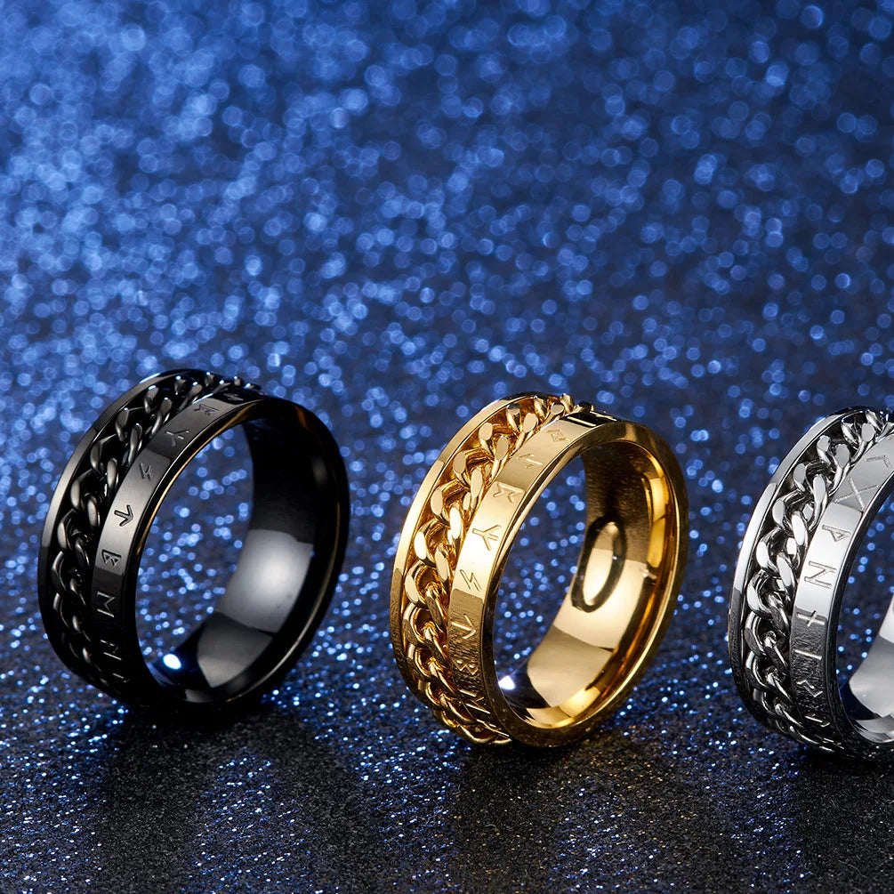 Roman Numerals Stainless Steel Chain Rotating Anxiety Black Rings For Men Fidget Metal Spinner Knuckle Ring Anillos De Hombre