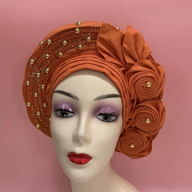 High Quality African Nigeria Gele Elegant Helmet With Stones Headband Turban Head Scarf Head-Hat Auto Gele Brand New Hats 7L5191