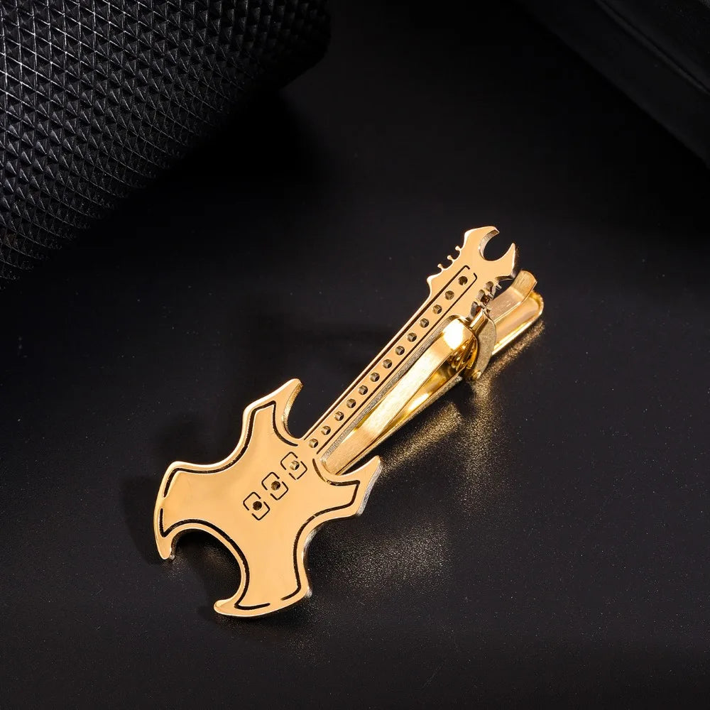 Treble Clef Guitar Tie Clip Titanium Steel Instrument Music Note Tie Pin Hip Hop Punk Piano Necktie Buckle Concert Accessories