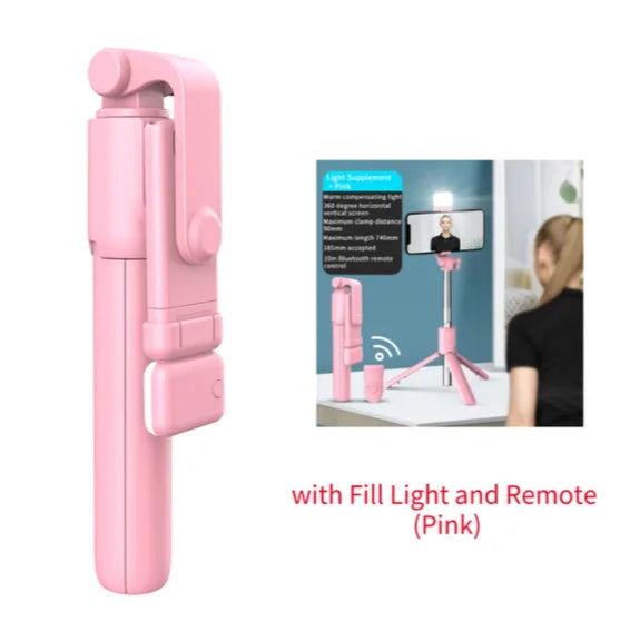 Wireless Selfie Stick with Tripod Stand and Light, Bluetooth Remote, Extendable for iPhone, Mobile Phone, Live Streaming