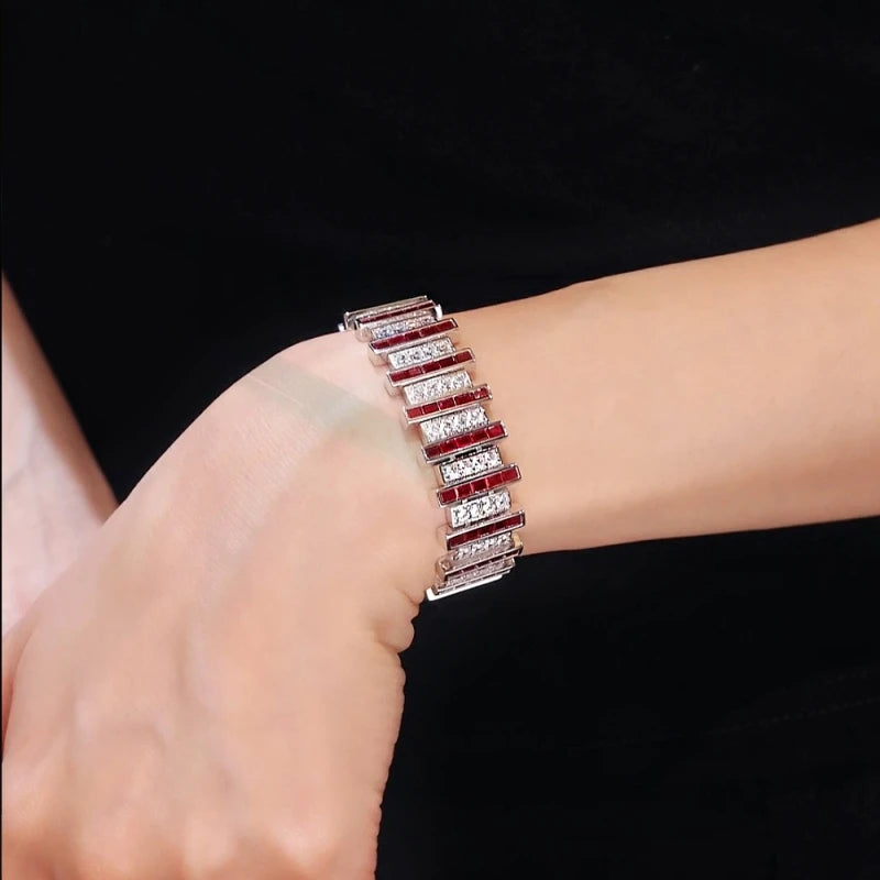 Bellux 925 Silver Synthetic Zirconia Bracelet Red And White Square Diamonds Fully Bejeweled  Jewelry Accessory