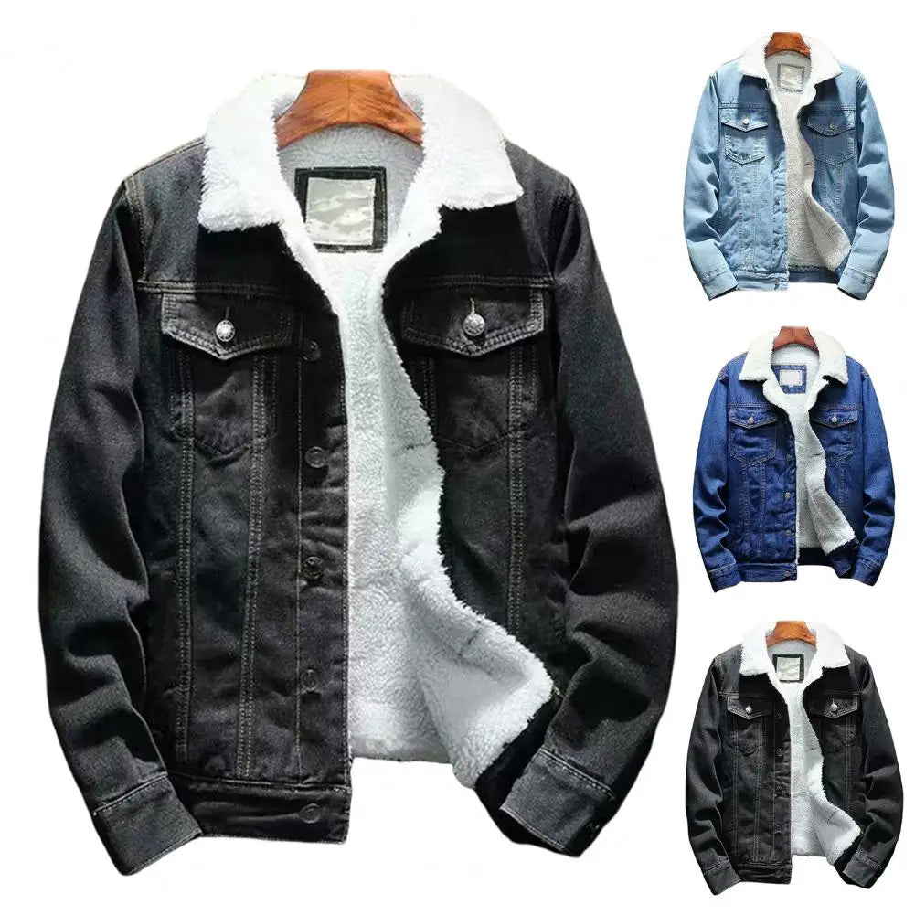 Men Jean Jacket Thicken Lamb Cashmere Lining Men Denim Coat Solid Color Coldproof Outerwear Winter Single Breasted Men Jean Coat