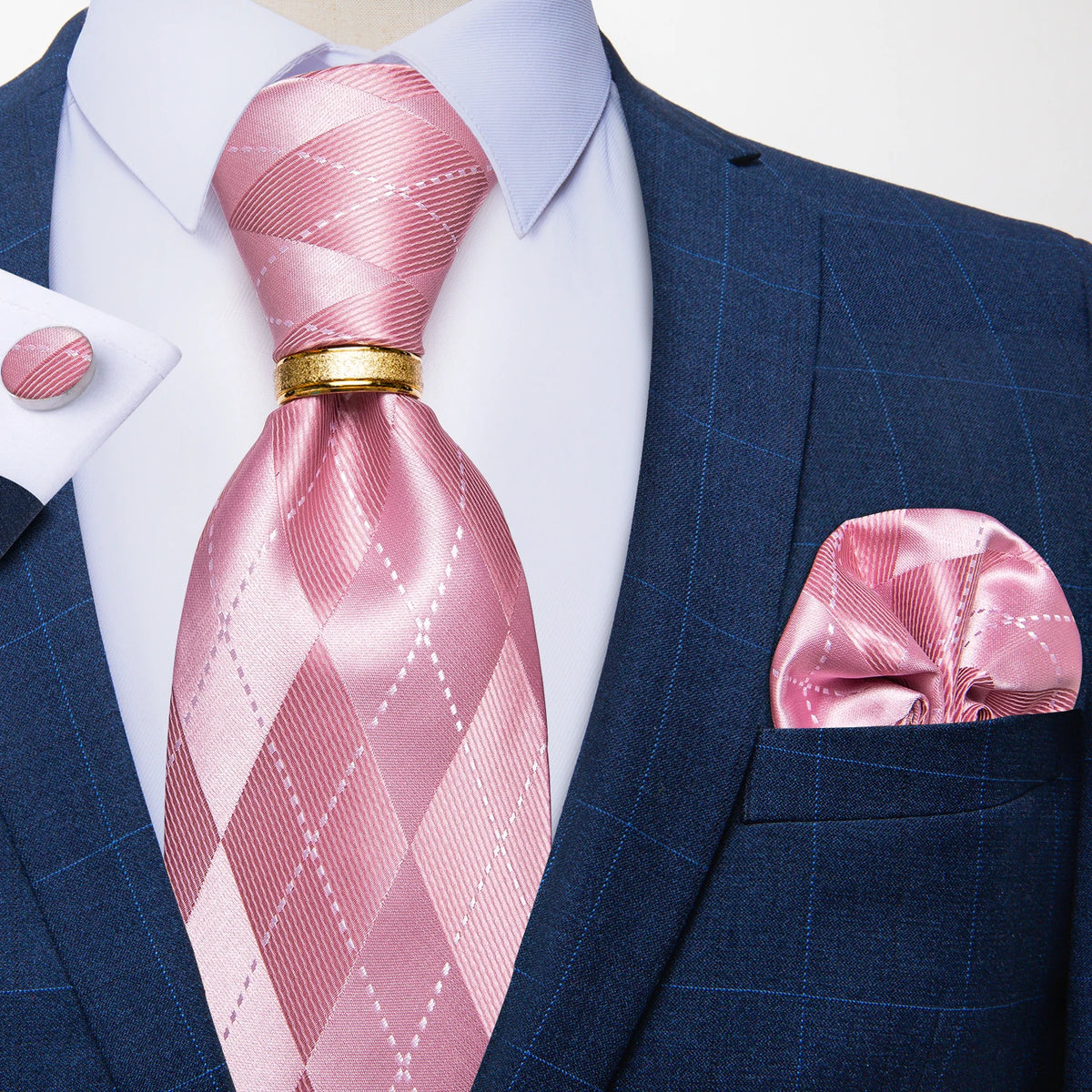 Men's Tie Handkerchief Cuffink Necktie Set Jacquard Woven Silk Blue Wedding Formal Business Party Necktie Ring Set DiBanGu
